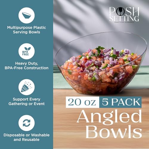 Posh Setting Crystal Clear, Disposable Premium Hard Plastic Medium Angled Bowl, Party, Salad, Snack and Fruit Bowl 10 Pack