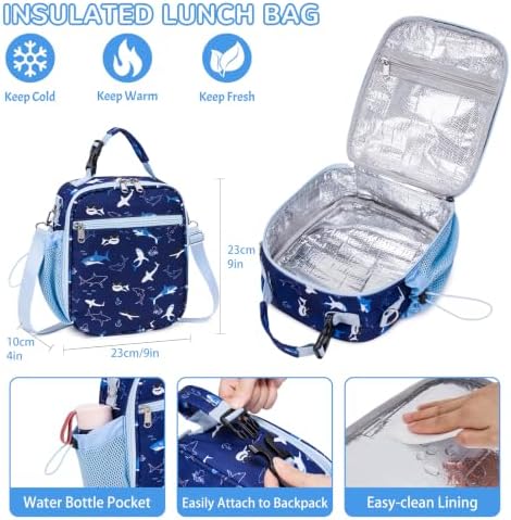 Kids Bento Lunch Box with Food Jar, Water Bottle, Lunch Bag, Shark