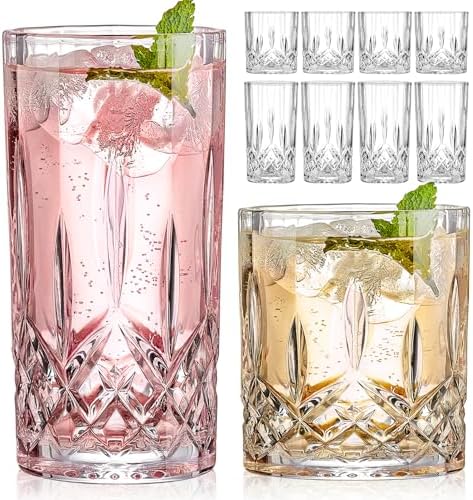 Qipecedm Drinking Glasses, 8 Piece Crystal Glass Cups, Mixed Glassware Set, 4 pcs Crystal Old Fashioned 11oz Highballs and 4 pcs 11oz Whiskey Glasses, Great for Cocktail, Whisky and other Beverages