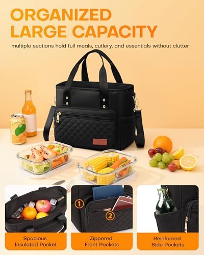 HOTOR Lunch Box Women Insulated Tote Bag Multiple Pockets Black