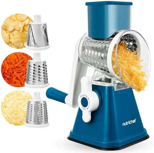NutriChef 3 in 1 Cheese Grater & Shredder | Strong Suction Base, Rotary Handle with Safety Lock | Includes Hand Crank & 3 Drum Blades for 3 Textures, Fine, Medium & Strips | Blue