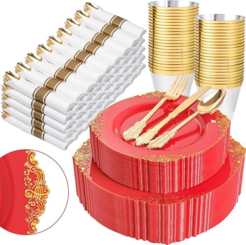 Nervure 350Pcs Red Plastic Plates, Disposable Dinnerware Set for 50 Guests