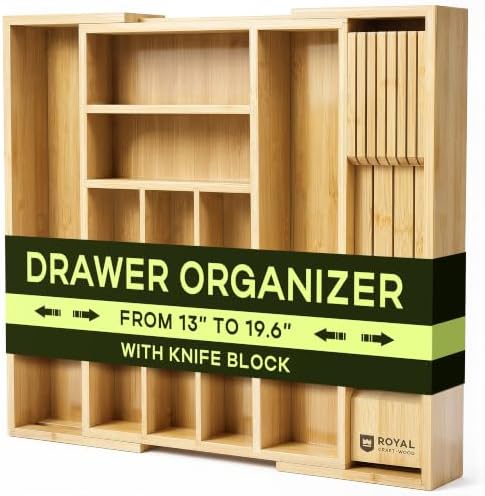 Drawer Organizer for Kitchen Organization – Expandable Bamboo Silverware Drawer Organizer with Removable Knife Block, Bamboo Cutlery, Non-Slip Utensil Organizer with 7-Slot Knife Storage for Flatware