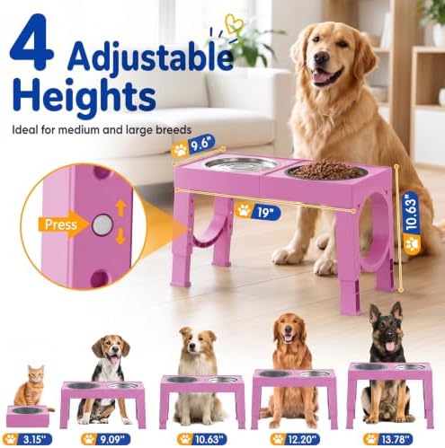 XIAZ Elevated Dog Bowls Large Breed Raised Dogs Bowl Stand Large/Medium Sized Dog Slow Feeder Dogs Bowls Food Water Stands 5 Heights Adjustable 9/11/12/14in Pet Feeder Dish Station