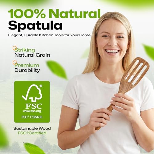 AIUHI Premium Wooden Slotted Spatula, Durable Teak Wood Cooking Spatula, Comfort Grip Wooden Kitchen Utensil, Perfect Cooking Gift for Home Cooks, Chefs, Women and Family