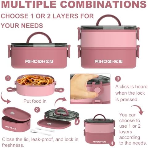 RIKDOKEN Lunch Box, Stackable 2 Layers Containers, Portable 64OZ Large Capacity Leakproof Bento Box with Spoon & Fork & Sauce Boxes, Microwave Safe Lunch Box for Kids and Adults