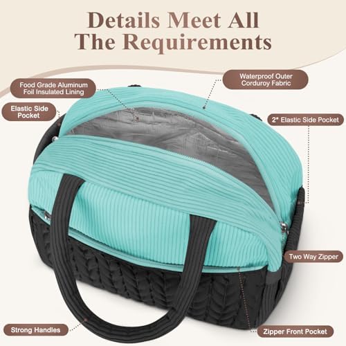 KUBYA Lunch Box for Women, Cute Grids Corduroy Insulated Lunch Bag Women Reusable Work Simple Adults Large Lunch Boxes Tote Bag Men Cooler Bag