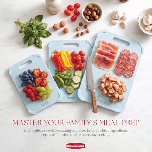 Rubbermaid 3pc Reversible Wheat Fiber Cutting Board Set | BPA Free Non Toxic Cutting Boards for Kitchen – Dishwasher Safe, Non-Slip Corners & Lightweight | For Meat, Veggies & Fruits - Alice Blue