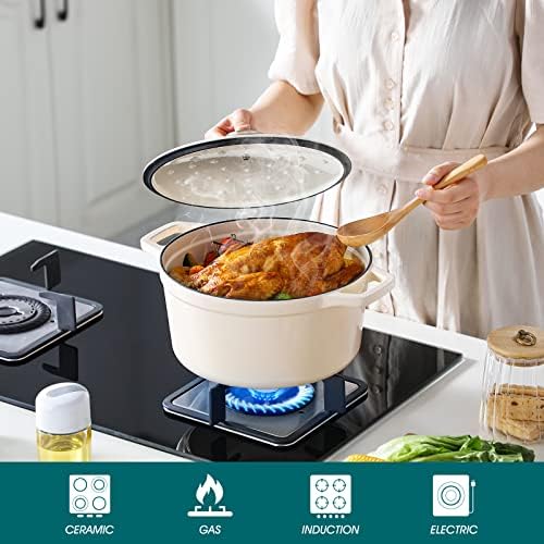 vancasso 6 Qt Round Enameled Cast Iron Dutch Oven with Lid & Handles, Cream
