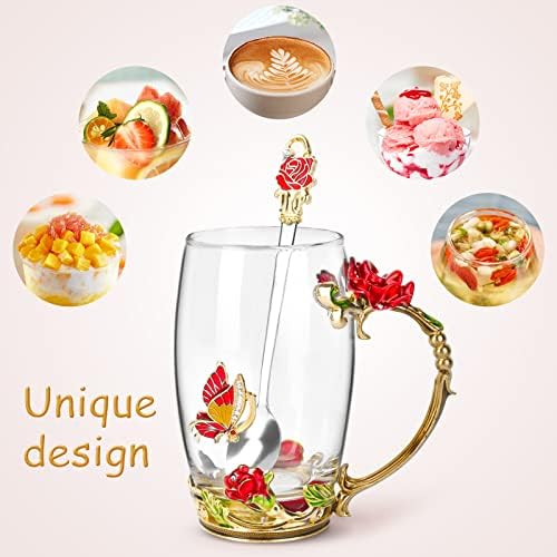 OEAGO Gifts for Women Mom Mothers Tea Cup Best Birthday Butterfly Rose Gifts for Her from Daughter Son Glass Coffee Christmas Enamels Mug Lead-Free with Spoon Set