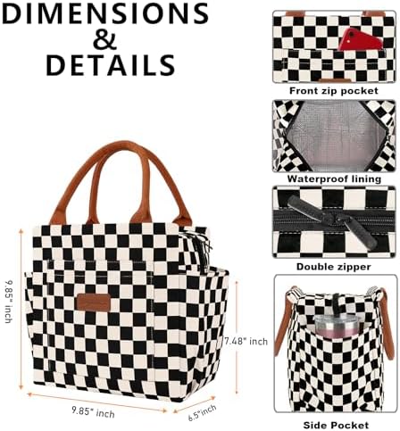 Joymee Lunch Bag Women, Reusable Leakproof Cooler Tote - Checker Black