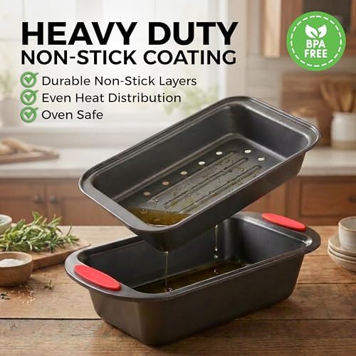 PERLLI Nonstick Meatloaf Pan with Drain Tray, Elevated Inner Pan for Fat and Grease Removal, Easy Grip Silicone Handles, Dishwasher Safe with Heavy-Duty Carbon Steel Bakeware for Even Heating (Gray)