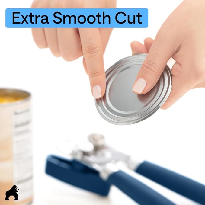 GORILLA GRIP Heavy Duty Stainless Steel Smooth Edge Manual Can Opener and Bottle Openers, Soft Comfortable Handle, Oversized Handheld Turn Knob, US Designed Multifunctional Kitchen Tool, Blue