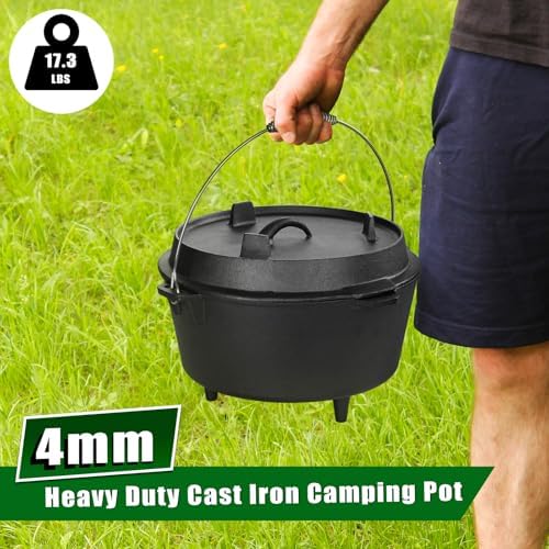 HaSteeL 5QT Cast Iron Dutch Oven Camping Pot with Stainless Steel Scrubber