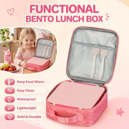 Bento Lunch Box for Girls with 8oz Soup Thermo & Lunch Bag, Leak-Proof Lunch Food Containers with 4 Compartment, Hot Food Insulated Food Jar for Kids School (Pink)