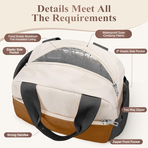 KUBYA Lunch Box for Women, Cute Grids Corduroy Insulated Lunch Bag Women Reusable Work Simple Adults Large Lunch Boxes Tote Bag Men Cooler Bag