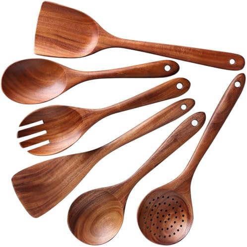 6-Piece Teak Wood Cooking Utensil Set, Wooden Spoons for Cooking