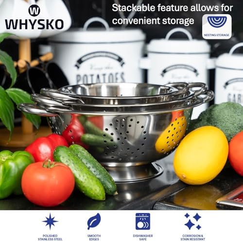 WHYSKO 3-Pack Stainless Steel Colander Set, 5, 3 & 1 Qt with Handles