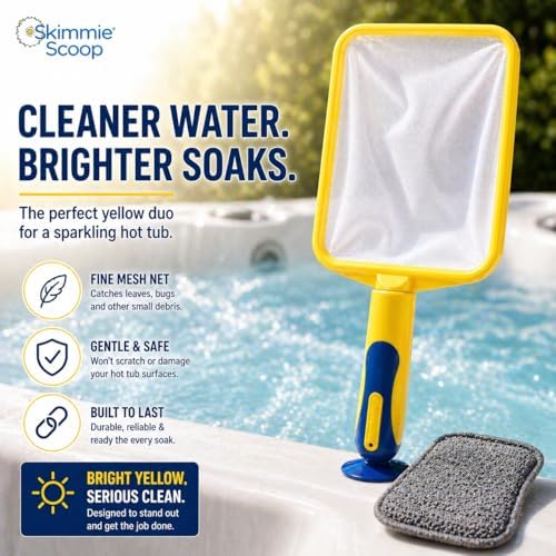 The Skimmie Scoop - Patented Handheld Skimmer with Fine Mesh Net for Spa, Hot Tub, Cold Plunge and Small Pool Cleaning - Lightweight and Durable with Powerful Suction Cup - Clean Out Filter (Yellow)