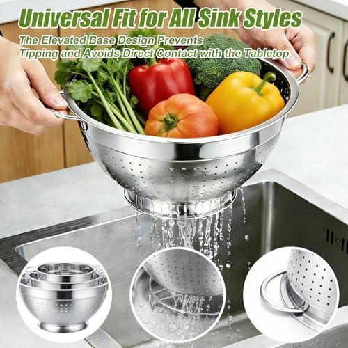 Palksky Stainless Steel Colander Set with Handles & Self-Draining Base, 3 Sizes (7”, 9”, 11”), Heavy Duty Pasta Strainer, Rice & Vegetable Strainer, Countertop Draining System