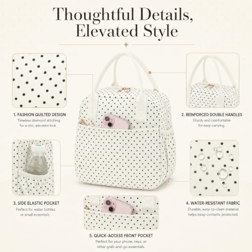 CAMTOP Lunch Box for Women Men Insulated Lunch Bag Lunch Tote Bag Leakproof Thermal Cooler Large Capacity for Travel Work School Picnic (Beige Black Polka Dot, Medium)