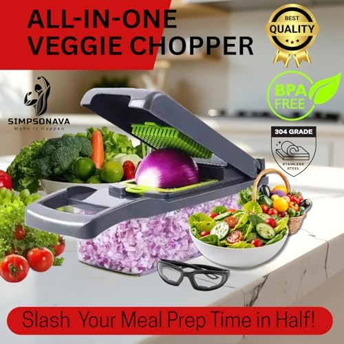 17 in 1 Vegetable Chopper Mandoline Slicer – All In One Veggie Cutter Food Grater Includes Onion Goggles, Egg Separator, Hand Guard – Sharp Stainless Steel Blades – 2 in 1 Drain Basket