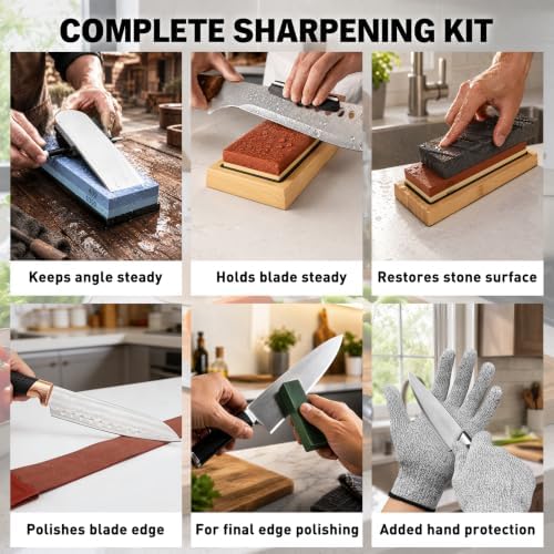 12-Piece Knife Sharpening Stone Set, Whetstone 4 Side 400/1000 3000/8000 Grit, Whetstone Knife Sharpener Stone Kit, Leather Strop, Angle Guide, Flatting Stone, Polishing Compound, Honing Guide