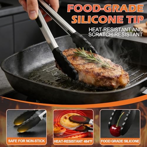 TACGEA Stainless Steel Kitchen Tongs with Silicone Tips, Locking Grilling Food Tongs, 7" 9" and 12", Set of 3 Black