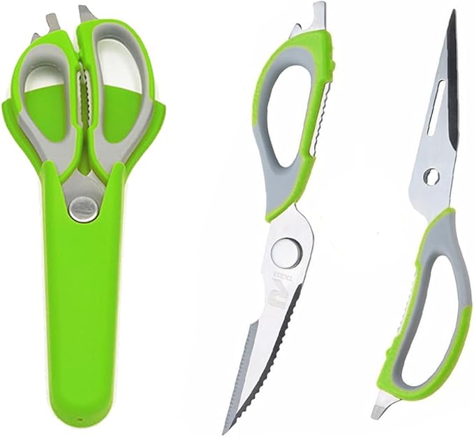 Multifunction Kitchen Food Scissors, Detachable Stainless Steel Heavy Duty Culinary Scissors, 7-in-1 Household Shears with Magnetic Holder, for Cut Poultry Meat Bone Vegetables Fruit Seafood (green)