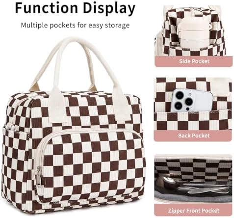 Lunch Bag Women Lunch Box for Women Adult Cute Insulated Lunch Bag Lager Cooler Lunch Tote Bags for Work Picnic (Coffee-White Plaid)
