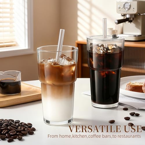 Iced Coffee Cups with Lids: Coffee Bar Accessories - Tumbler Leak Proof for To Go Iced Coffee Cup with Lid 4Pack - 20 oz Glass Cup with Lid and Straws - Thickened Glass Tumbler with Straw and Lid600ml