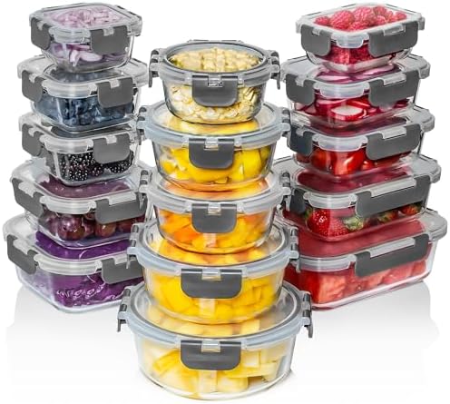 Razab 30 PC Glass Food Storage Containers with Lids - Reusable Glass Meal Prep Containers for Lunch and Leftovers - Airtight & Leakproof Snap Locking Lids - Oven, Freezer, Microwave & Dishwasher Safe