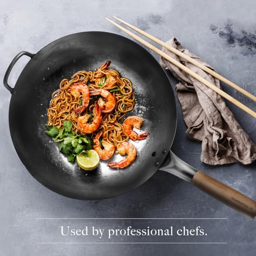 Round Bottom 14-inch Traditional Carbon Steel Wok Pan - Authentic Hand Hammered Woks and Stir Fry Pans - Pow Wok with no chemical coating