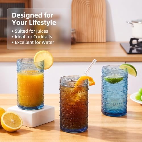 Vintage Hobnail Drinking Glasses Set of 6, 16 oz Large Capacity Embossed BlueTumblers, Highball Glasses for Water, Cocktail, Beer, Whiskey, Kitchen & Bar Use