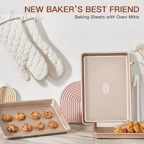 HONGBAKE 3 Pack Gold Nonstick Baking Sheet Pan Set with Oven Mitts Heat Resistant, Non-Toxic Half/Quarter/Jelly Roll Pans with Diamond Texture Pattern, Heavy Duty 0.8mm Thick Cookie Trays for Cooking
