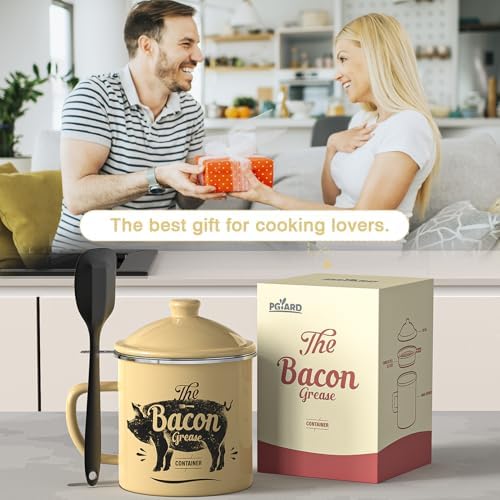 PGYARD Bacon Grease Container with Strainer-46OZ Enamel Keeper with Spatula