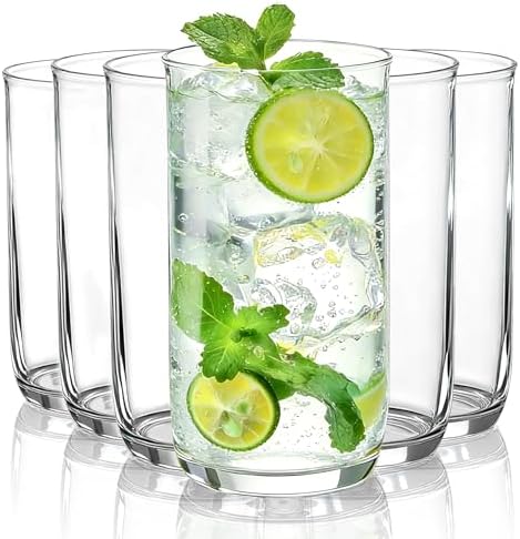HOMQUEN 14oz Highball Glasses, 6pcs Drinking Glasses, PET Clear Plastic Water Glasses, Beer Glasses, Iced Coffee Glasses, Ideal for Cocktail, Whiskey, Soda, Tea, Water, Gift