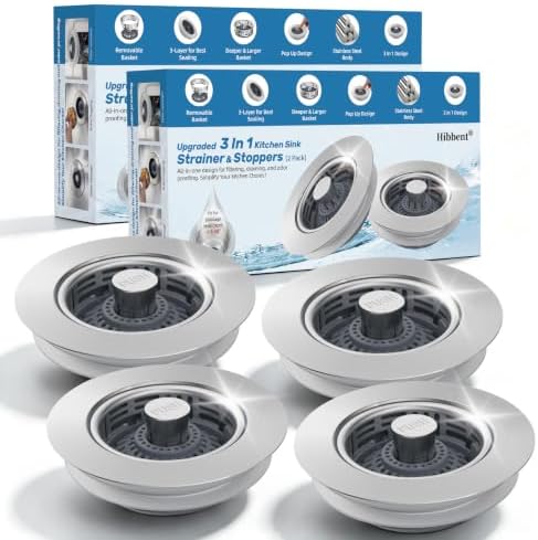 Hibbent 4 Pack 3 in 1 Kitchen Sink Drain Strainer, Metal Pop Up Stopper