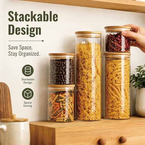 3 Pack 1200 ML / 40 FL Oz Glass Storage Container with Wood Lid, Stackable Clear Decorative Organizer Bottle Canister Pantry Jar with Air Tight Wooden Lid for Food, Coffee, Candy, Sugar, Salt, Tea