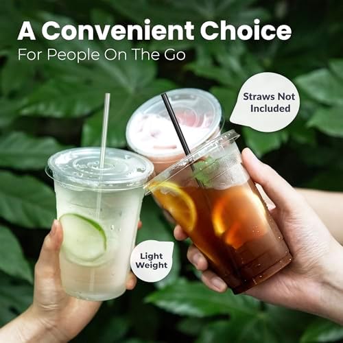 Fit Meal Prep 100 Pack 32 oz Clear Plastic Cups with Flat Lids, Disposable Iced Coffee Cups, BPA Free Premium Crystal Smoothie Cup for Party, Lemonade Stand, Cold Drinks, Juice, Milkshake