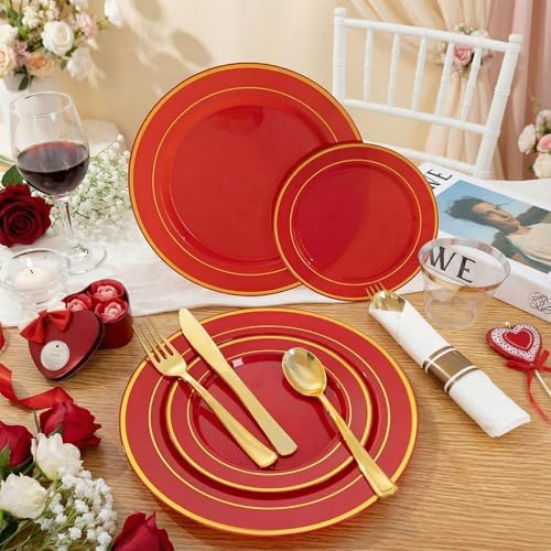 WDF Partyware 350Pieces Red Plastic Plates with Gold Rim Include 50Dinner Plate 10inch 50Dessert Plate 7inch 50 gold Cups 9 OZ, 50 Pre Rolled Napkins for Wedding/Birthday/Christmas/Party
