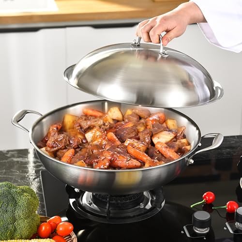 14.5 Inch Stainless Steel Wok with Steel Lid | Jumbo Cooker | Dual Handles