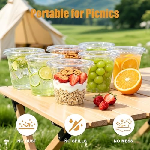 100 Sets 9 oz Clear Plastic Cups with No Hole Flat Lids