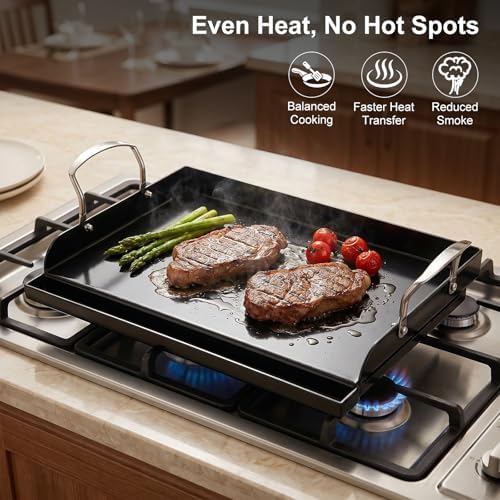 Uniflasy 17 x 13 in Cast Iron Griddle for Gas Grill, Nano Ceramic Nonstick Flat Top Grill Plate with 5-Piece Tool Kit, Grease Groove, High Sidewalls, Handles, for Charcoal, Stove Top, Camping