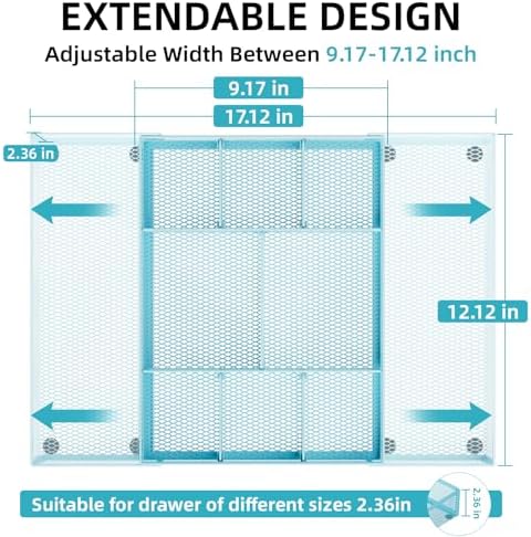 Marbrasse Expandable Desk Drawer Organizer, Mesh Drawer Organizer Tray with 10 Adjustable Compartments, Desk Organizers and Accessories for Office Supplies, Makeup & Vanity (Expandable-Blue)