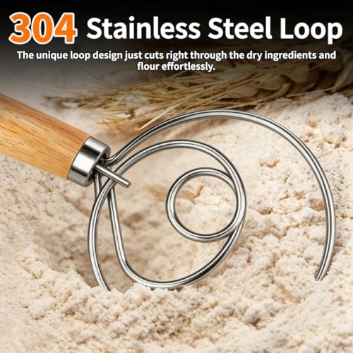 Polly Online Dough Whisk,Wooden Handle Danish Sourdough Whisk with Stainless Steel Dough Hook for Bread, Pastry or Pizza Dough 13 Inch 1-PACK