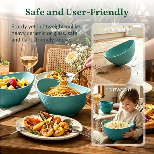 Homienly Salad Bowls 6 PCS Wheat Straw Bowls - 60oz Large Serving Bowl - Microwave and Dishwasher Safe Centerpiece Bowl Big Soup Bowl for Kitchen, Camping, Picnic, Party, Popcorn Bowl Set - Green