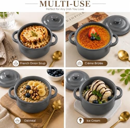 Mini Dutch Oven Set of 4, 14 oz Ceramic Mini Dutch Ovens with Lids and Handles, Ramekins with Lids for French Onion Soup, Pot Pies, Soufflés and Baked Desserts, Oven Microwave Dishwasher Safe, Mini Cocotte, Grey