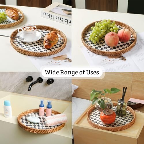 Round Rattan Tray with Mother of Pearl Inlay, Wooden Base