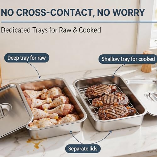 Grill Prep Tray & Serving Tray Set with Lids –5-Piece Grill Carry System for Marinating, Carrying & Serving, Stainless Steel BBQ Trays, BBQ Prep Grill Pan with 2 Lids and 1 Rack